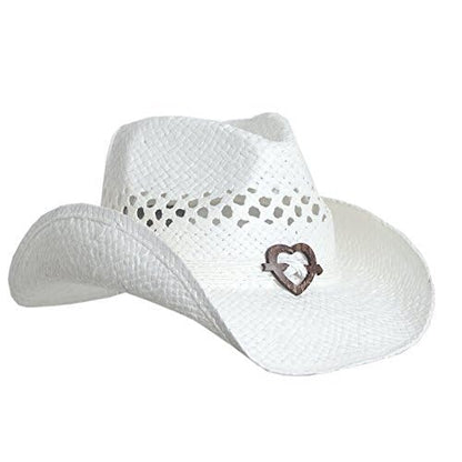 Boho Hip Cowboy Hat with Heart Concho, Natural Toyo Straw, Shapeable Brim - color: White
