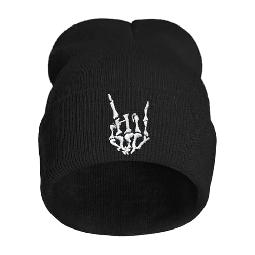 Embroidered Beanie Halloween Goth Knit Hat for Men Women - color: Skeleton Fingers Rock
