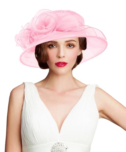 Women's Kentucky Derby Church Dress Hat Wide Brim Leaf Flower Bridal Shower Hat - color: A7 Pink