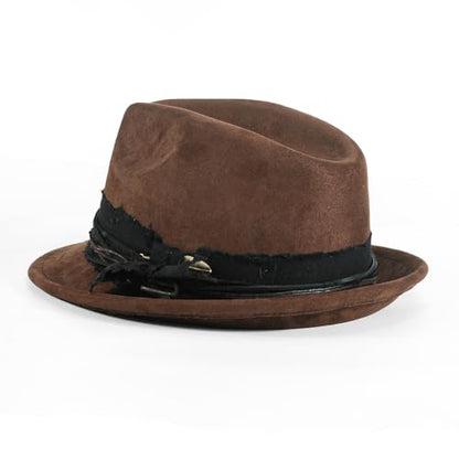 Fedora Trilby Hats for Men Women Handmade 1920s Classic Short Brim Hat with Feathers Unisex - color: Sepia