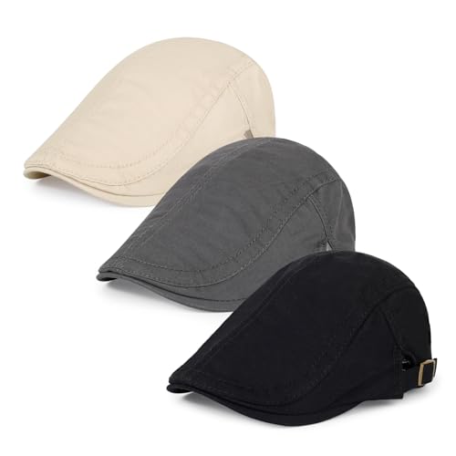 3Pcs Cotton Newsboy Hat for Men Cool Adjustable Flat Cap - color: # Black+darkgrey+khaki