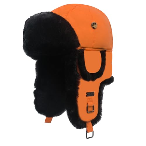 Fur Winter Trapper Hat,Unisex Taslon Faux Fur Aviator Ski Trapper Trooper Pilot Hat,Snow Eskimo Hat with Ear Flaps - color: Orange, size: Medium-Large