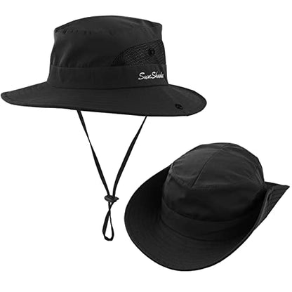 IYEBRAO 2 Pack Womens Ponytail Sun Hat UV Protection Bucket Hats Foldable Wide Brim Summer Boonie Beach Cap Fishing Hiking… - color: Black & Grey