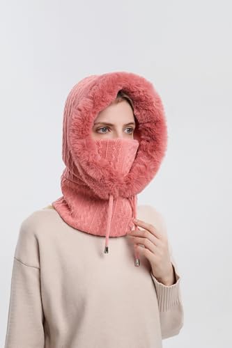 Womens Winter Hats, Warm Hooded Scarf Hat for Women, Fleece Beanie Hat with Drawstring, Balaclava Knit Skull Cap - color: Blush