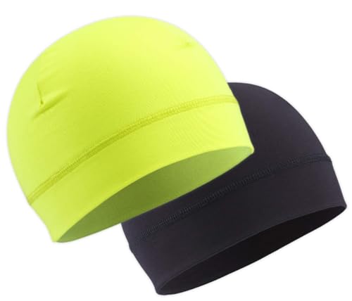 OutdoorEssentials Skull Cap Helmet Liner - Thermal Fleece for Cycling Gear - Stretch Fit Mens Beanie - Lightweight Skull Caps - color: 1 Black / 1 Hi Viz Yellow