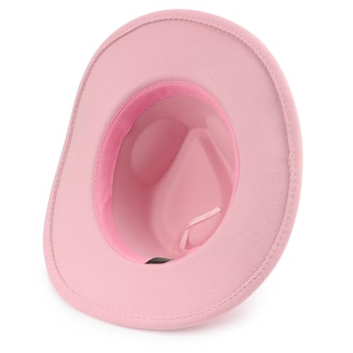 DRESHOW Women Men Classic Felt Wide Brim Western Cowboy & Cowgirl Cap Belt Buckle Retro Panama Hat Unisex Rolled up Caps - color: 1 Pack Style 1: Pink (Hat Circumference: 22-22.8")
