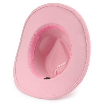 DRESHOW Women Men Classic Felt Wide Brim Western Cowboy & Cowgirl Cap Belt Buckle Retro Panama Hat Unisex Rolled up Caps - color: 1 Pack Style 1: Pink (Hat Circumference: 22-22.8")