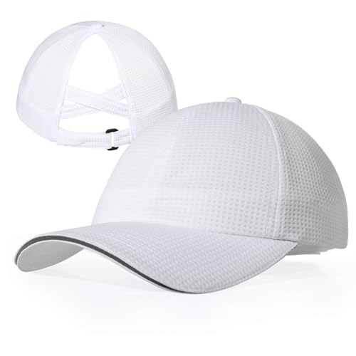 ZTL Womens High Ponytail Baseball Cap Performance Mesh Hat, Lightweight Quick Dry Race Day Running Hat with Reflective Trim - color: White