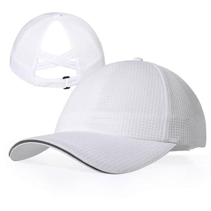 ZTL Womens High Ponytail Baseball Cap Performance Mesh Hat, Lightweight Quick Dry Race Day Running Hat with Reflective Trim - color: White