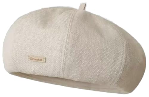 Women's Cotton Linen Beret Hat Vintage French Breathable Slouchy Beanie Cap Casual Painters Hat for Spring Summer - color: Beige