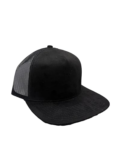 Ashen Fane Faux Suede Polyester Blend 5 Panel Classic Flat or Round Visor Adjustable Snapback Mesh Back Trucker Hat - color: Flat - Black