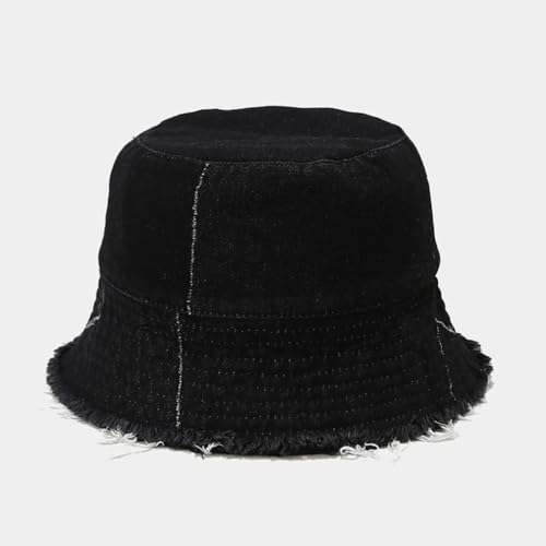 Quanhaigou Frayed Unisex Sun Hats, Fashion Beach Bucket Hat for Men Women,Summer Outdoor Boy's Girls Boonie Cap - color: Irregular Denim Black
