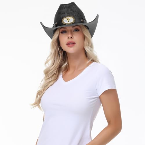WQWOVRVO Cowboy Hat,Cowgirl hat,Brown Cowboy Hats for Women/Mens Straw Wide with Shapeable Brim Western Cowboy Hat for Womens - color: Black Color B