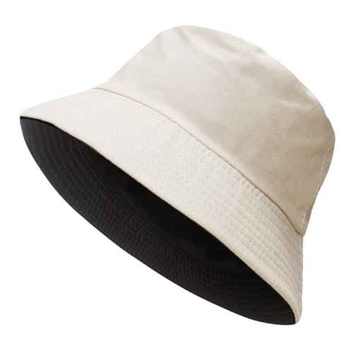 NPQQUAN Reversible Bucket Hats for Men Woman Packable Foldable Sun Hats for Women - color: Black/Beige(reversible)
