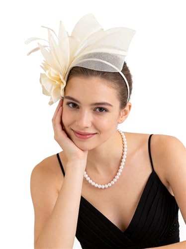 Fascinators Hat for Girls and Women Tea Party Flower Mesh Feather Kentucky Headwear with Headband and Clip - color: Beige
