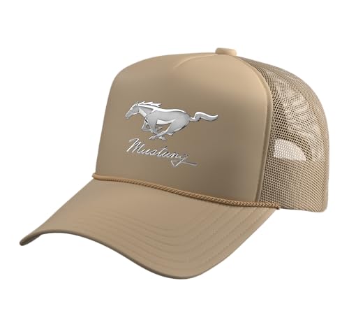 Mustang Emblem Trucker Hat with Adjustable Mesh Back - color: Khaki