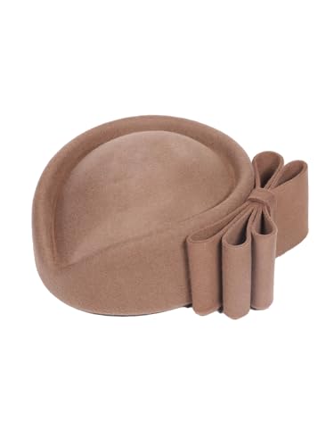 HIMESPORT Wool Felt Bowler Fascinators Hats for Women Ladies Female Elegant Wedding Tea Party Beret Hat with Bowknot - color: Khaki