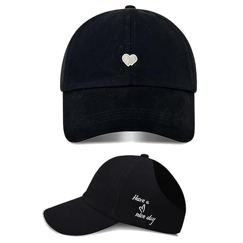 Sun Visor for Women High Ponytail Sun Hats Sports Running Heart Embroidered Veelcro Golf Beach Cap - color: Black