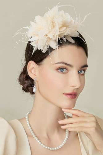 BABEYOND Flower Feather Beads Fascinator Headband for Women Derby Headpiece - color: Beige