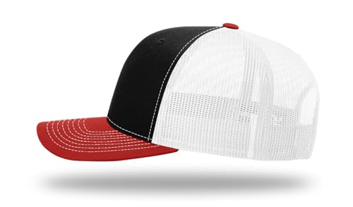 Richardson 112 Trucker Hat - Premium Blank Baseball Cap, Adjustable Snapback Hat - Structured Six Panel Richardson Blank Hats - color: Black/White/ Red