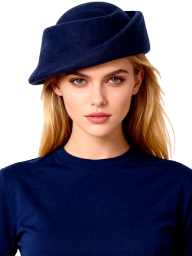 Small Top Hats for Women Elegant Winter Vintage Beret Wool Felt Fedoras Ladies Luxury Wedding and Church Cap Female - color: Navy Blue