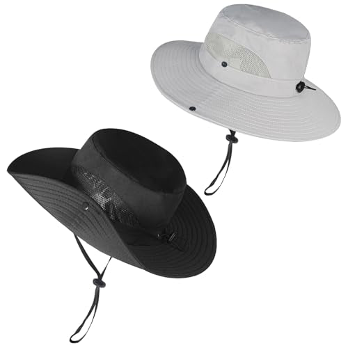 ZOORON Sun Hats for Men Women, Wide Brim Safari Hats UV Protection UPF50+ Waterproof Boonie Hats for Fishing Hiking Camping - color: 2pack-black+light Gray
