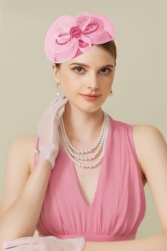 BABEYOND Fascinators Hats for Women Tulle Pillbox Knot Bead Tea Party Hat - color: Pink