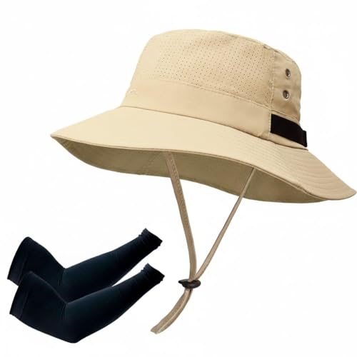 Sun Bucket Hat for Men Women Fishing Beach Safari Hats for Golf Hiking Hunting Outdoor UPF 50+ - color: With One Pair Cooling Sleeves-1pack-beige
