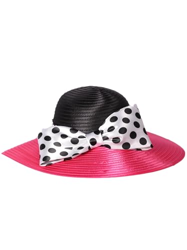 Women Wide Brim Rose Black Patchwork Kentucky Hat for Wedding Party Hat Big Bowknot Polka Dots Fedora Hats - color: Rose