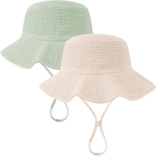 Muslin Baby Sun Hat Sun Protection Baby Toddler Bucket Hats for Boys Girls - color: Beige + Green, size: 2-4T