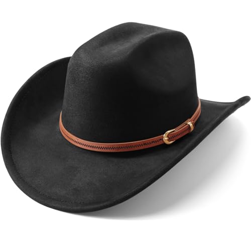 Western Cowboy Hats for Women Classic Felt Wide Brim Fedora Hat with Belt Buckle Retro Panama Hat Unisex Rolled up Cap - color: Suede Cowboy Hats : Black, size: Small