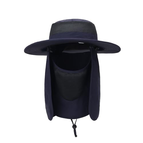 Outdoor Sun Hat UPF 50 Protection Waterproof Fishing hat Face Cover Summer Neck Flap Hat - color: Navy Blue