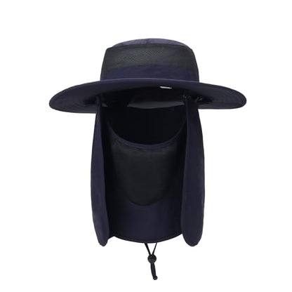 Outdoor Sun Hat UPF 50 Protection Waterproof Fishing hat Face Cover Summer Neck Flap Hat - color: Navy Blue