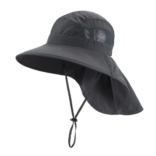 Home Prefer UPF50 Wide Brim Kids Sun Hat Neck Flap Boys Girls Sun Protection Hat for Beach Fishing - color: Dark Grey, size: 4-8 Years