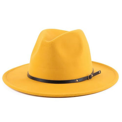 Fedora Hat with Belt Buckle Unisex Classic Felt Wide Brim Panama Hats Adjustable Church Jazz Cap for Women Men - color: Yellow