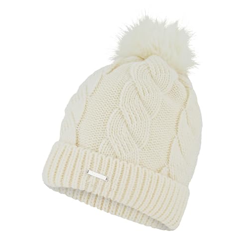 Spyder Women's Cable Knit Pom Pom Beanie with Ribbed Cuff - color: Chalk