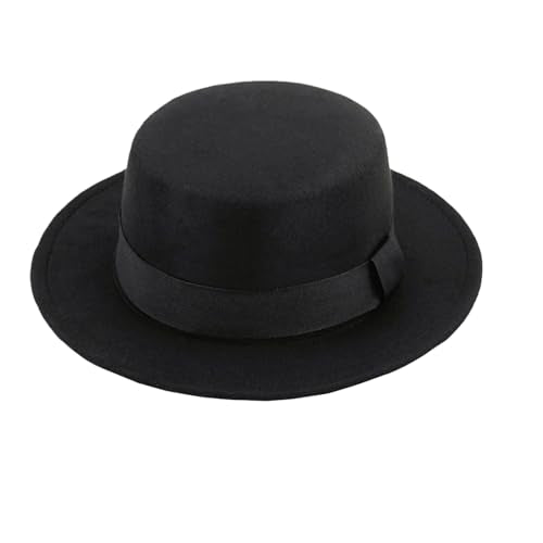 Classic Black Felt Fedora Hat Unisex, Flat Top Pork Pie Cap, Wide Brim Derby Boater Hat for Daily Wear Formal Party Events