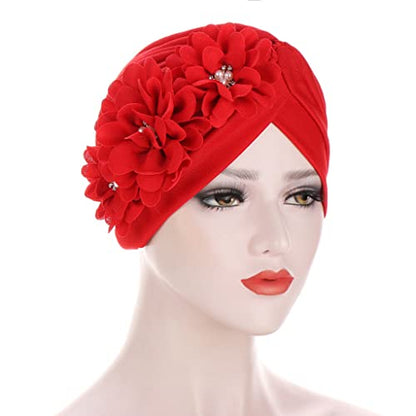 Flower Pre-Tied Turban Beanie, Soft Chemo Cap for Women Cancer Hair Loss - color: Red