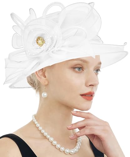 Women's Kentucky Derby Church Dress Hat Wide Brim Leaf Flower Bridal Shower Hat - color: F5 White