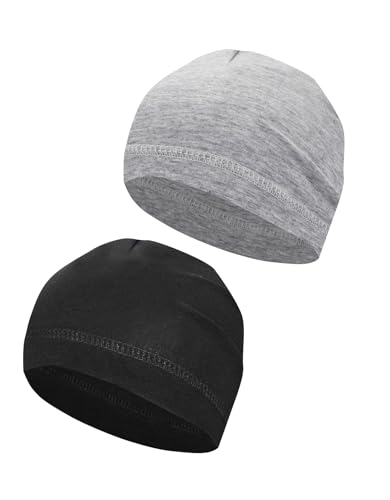 Cotton Skull Caps Lightweight Summer Beanie Hat Thin Sleep Sleeping Hats Chemo Caps Running Helmet Liner - color: Black & Grey