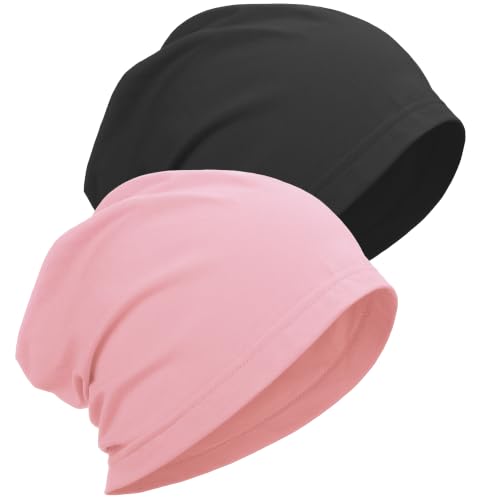 ROYBENS 100% Cotton Thin Slouchy Beanie Hat Women Men Lightweight Chemo Cap - color: 2pcs Black+pink