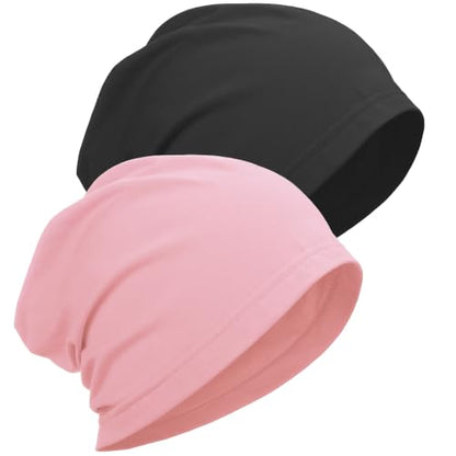 ROYBENS 100% Cotton Thin Slouchy Beanie Hat Women Men Lightweight Chemo Cap - color: 2pcs Black+pink