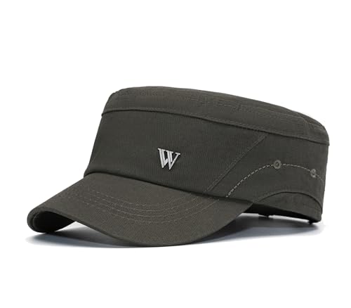 Military Cadet Army Cap for Men Women-Washed Cotton Vintage Adjustable Flat Top Baseball Hat - color: W Army Green
