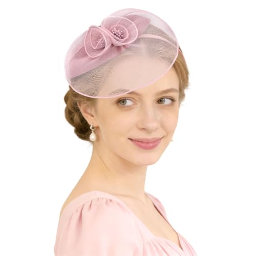 Fascinator Hat for Women Vintage Derby Hat Tea Party & Church Headpiece with Headband and Clip - color: Pink