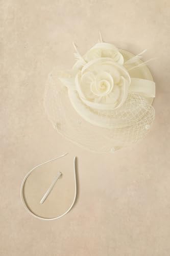 BABEYOND Fascinators Hats for Women Flower Veil Feather Pillbox Derby Hat - color: Beige