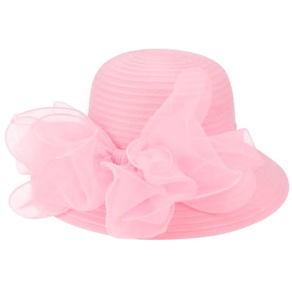 DRESHOW Lady Derby Dress Church Bowler Cloche Hat Bowknot Organza Bridal Cap for Wedding - color: 1 Pack Bowler Hat: Pink