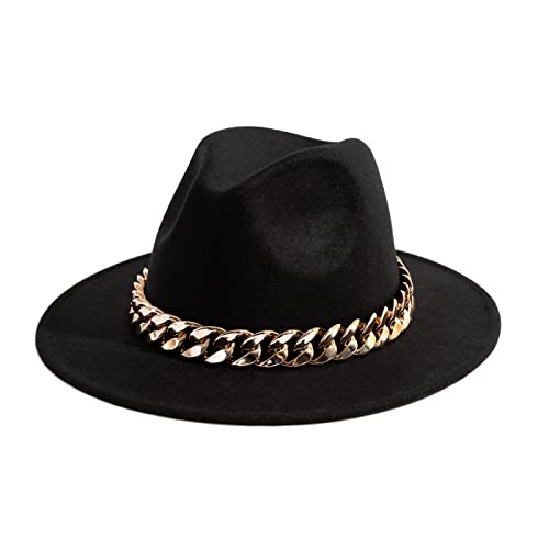 Men & Women Wide Brim Fedora Hat with Chain Buckle - color: Chain Belt-black