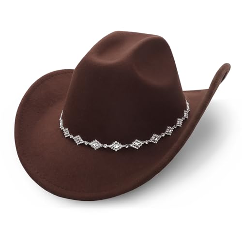AQOKKA Western Cowboy Hat for Women Men Wide Brim Retro Felt Fedora Cowgirl Hats Classic Unisex Rolled up Caps Outdoor - color: Coffee