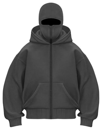 EUDOLAH Balaclava Jacket Zip Up Fashion Double Layer Hoodie Hip Hop Outerwear Jacket Y2K Clothing for Men and Women - color: Grey, size: Medium