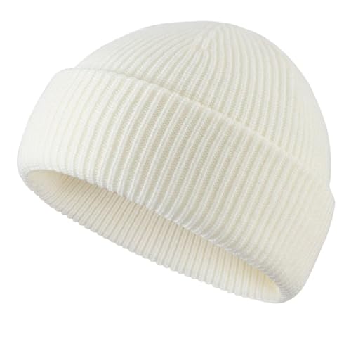 Connectyle Short Fisherman Beanie for Men Women Warm Winter Hats Knit Cuffed Beanies Skull Cap Acrylic Watch Hat - color: Beige